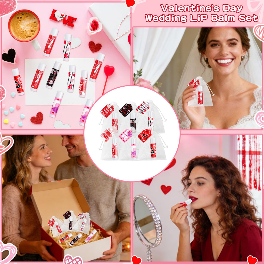 QAUYETM 50-Count Valentines Lip Balm Gift Set with Organza Bags & Cards – 6 Flavors