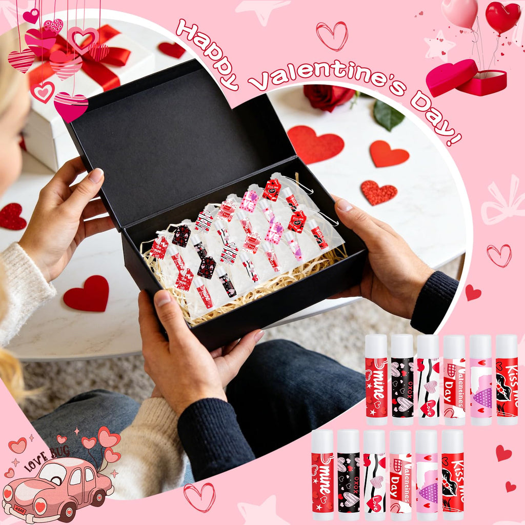 QAUYETM 50-Count Valentines Lip Balm Gift Set with Organza Bags & Cards – 6 Flavors