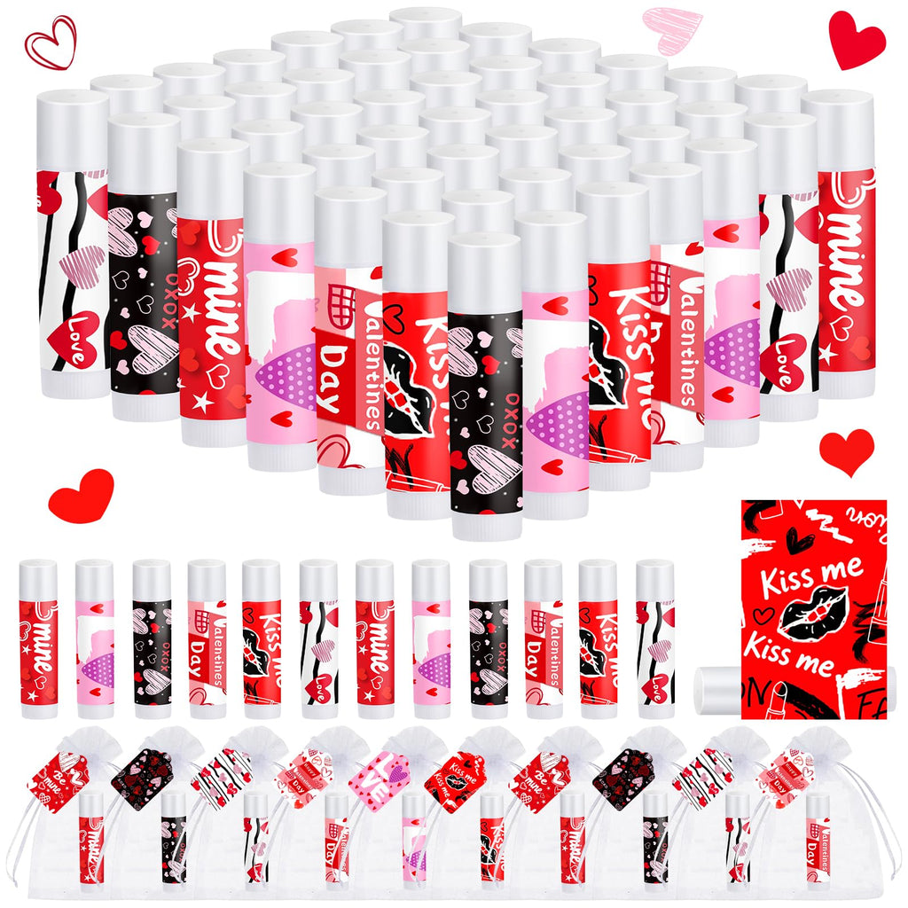 QAUYETM 50-Count Valentines Lip Balm Gift Set with Organza Bags & Cards – 6 Flavors