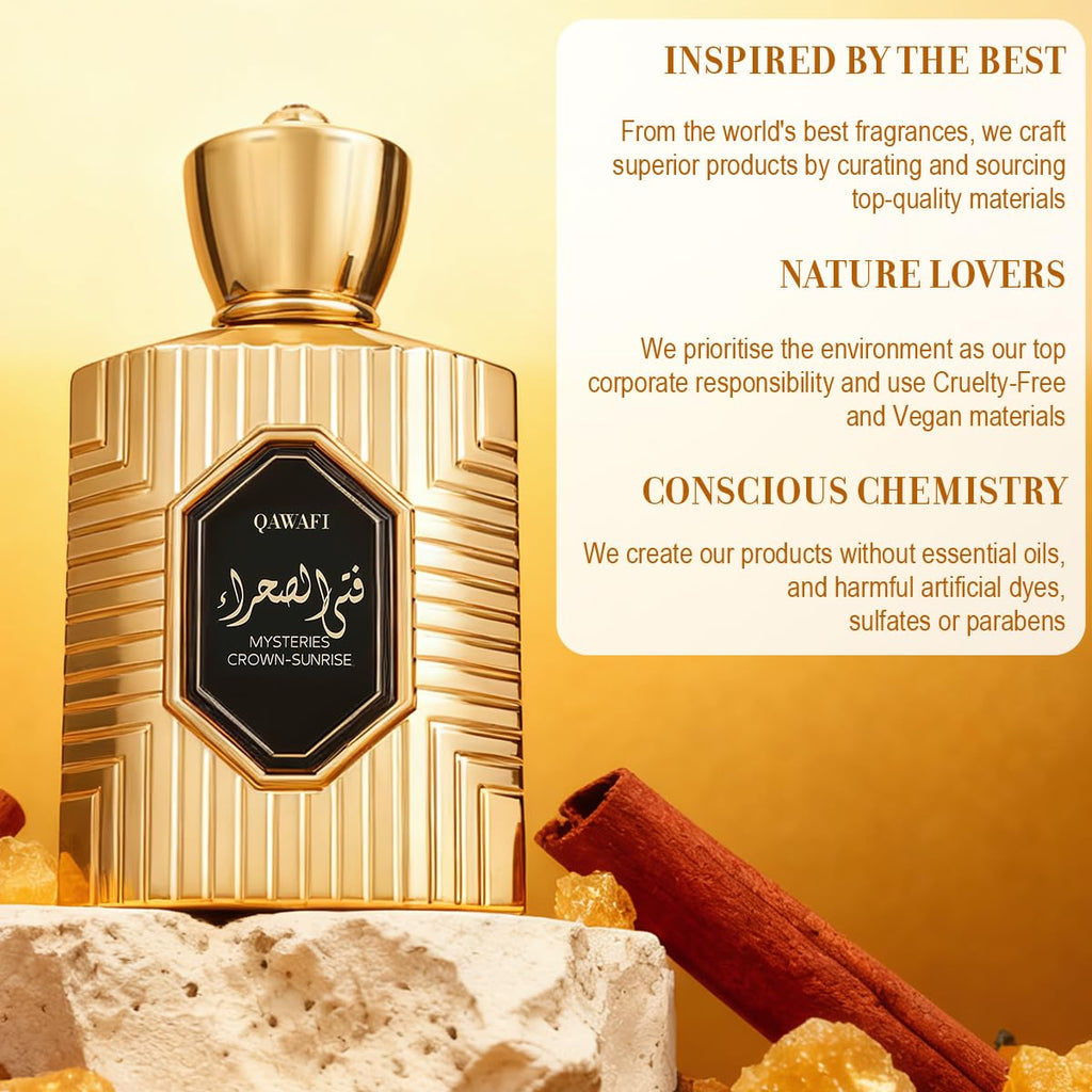 QAWAFI Mysteries Crown Sunrise EDP – Long-Lasting Spicy Amber Vanilla (Unisex) 100ml