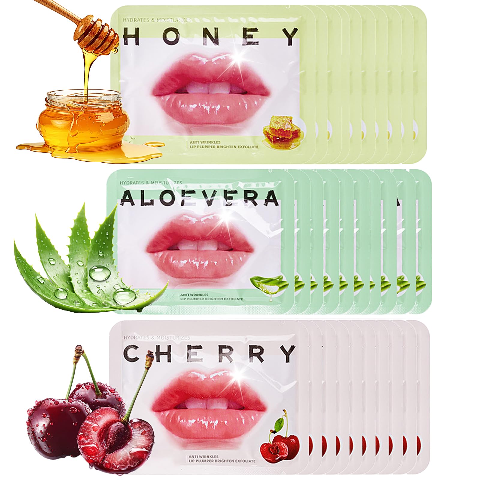 Qawnfy 30Pcs Collagen Crystal Lip Masks – Honey, Cherry & Aloe Lip Care for Hydration
