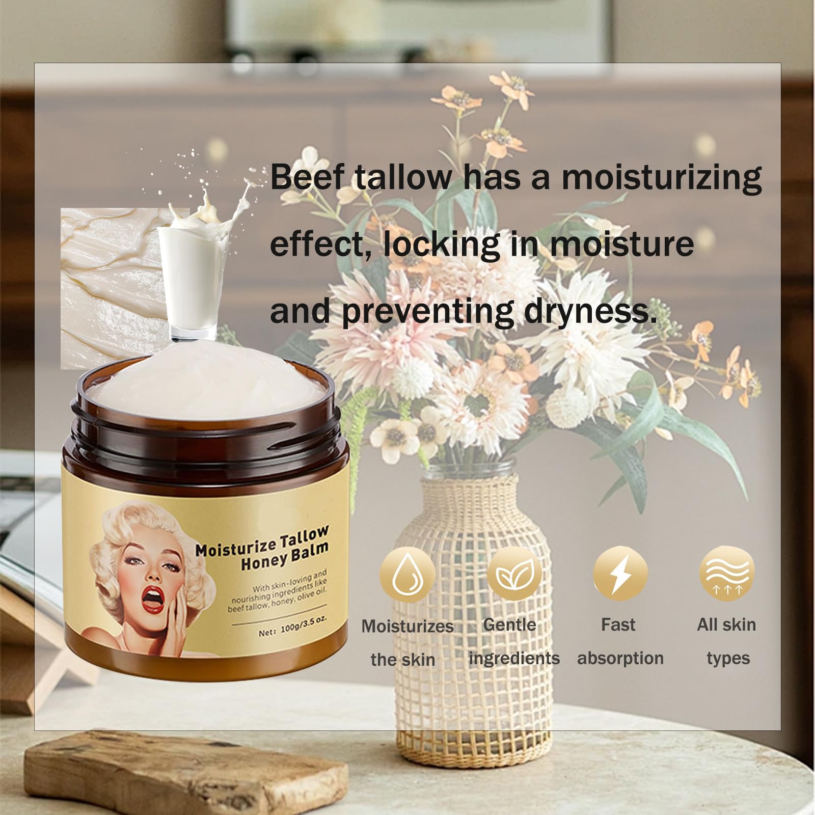 Qawnfy Whipped Beef Tallow & Honey Balm — Grass-Fed Tallow Moisturizer (3.5oz)