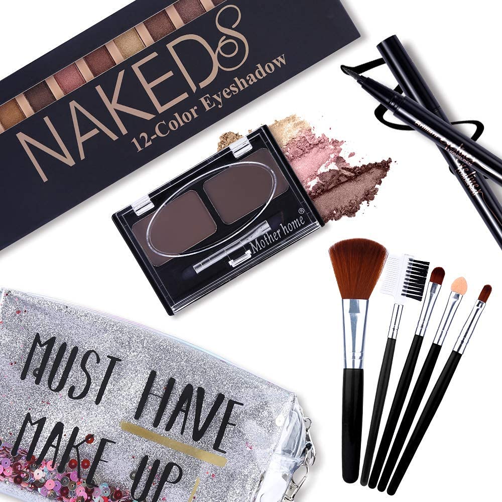 QiBest All-in-One Makeup Kit: 12-Nude Shadow Palette, Waterproof Eyeliner, Brow Powder & 5 Brushes