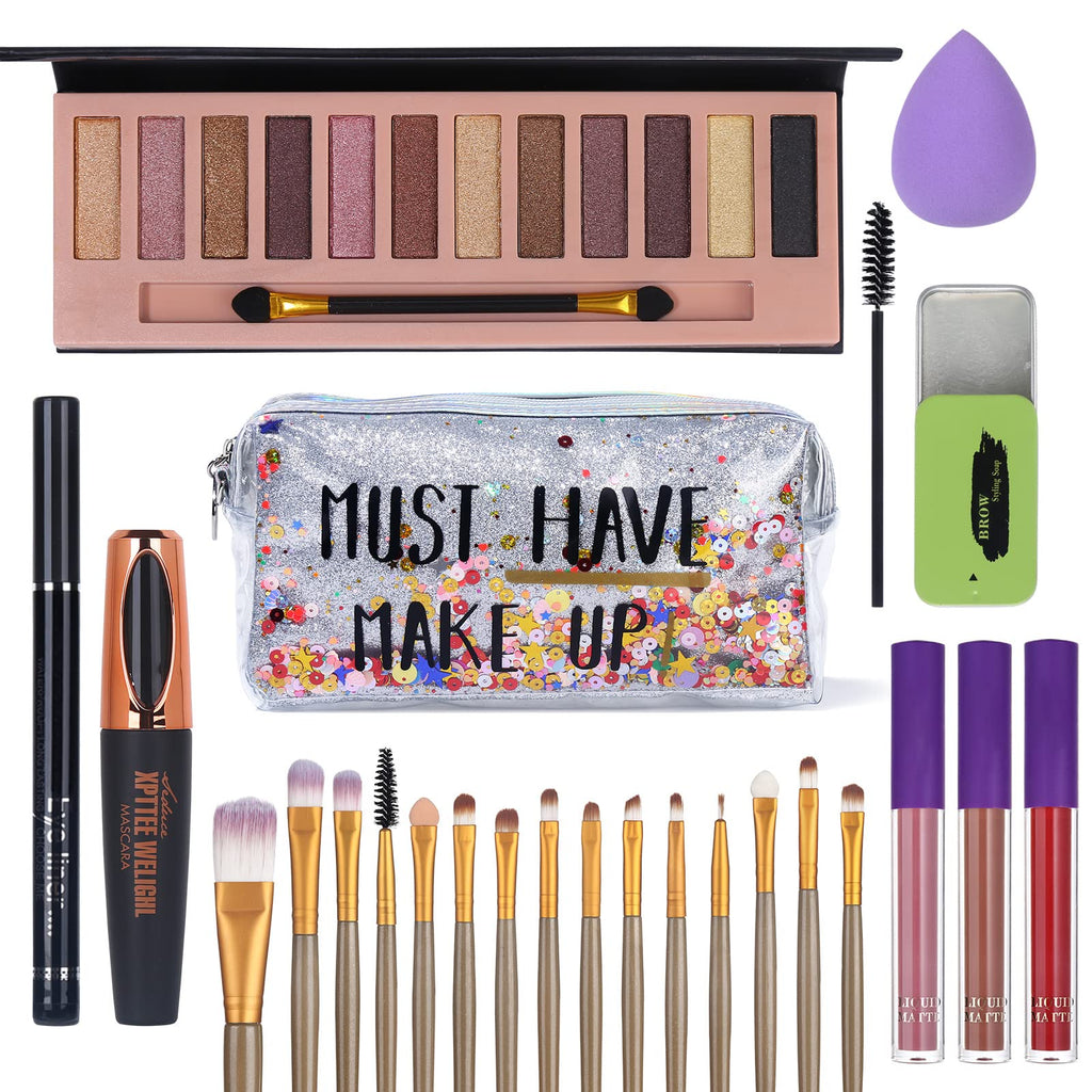 QiBest All-in-One Makeup Set – 12-Color Eyeshadow Palette, Mascara, Eyeliner, Matte Lipstick & Brush Kit