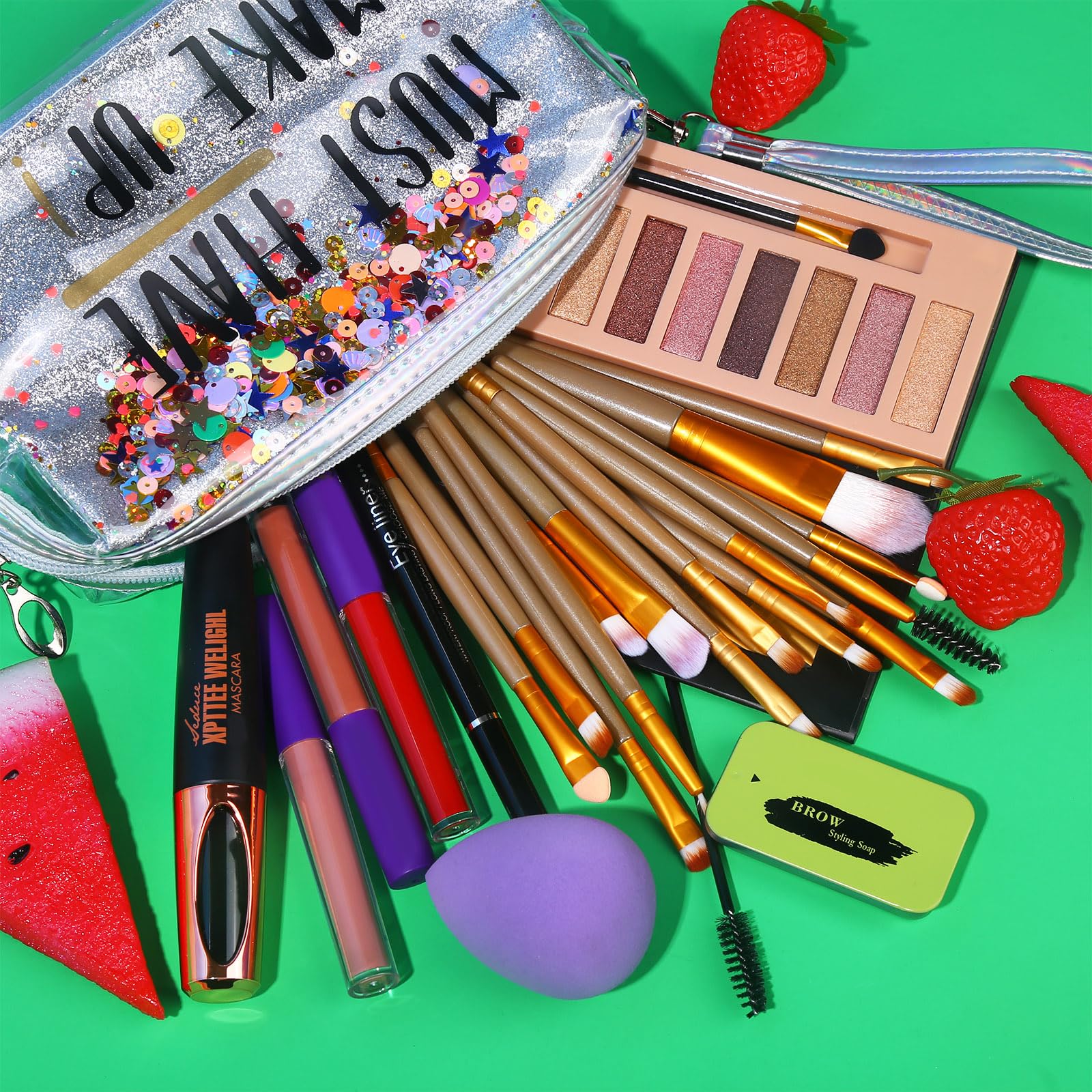 QiBest All-in-One Makeup Set – 12-Color Eyeshadow Palette, Mascara, Eyeliner, Matte Lipstick & Brush Kit
