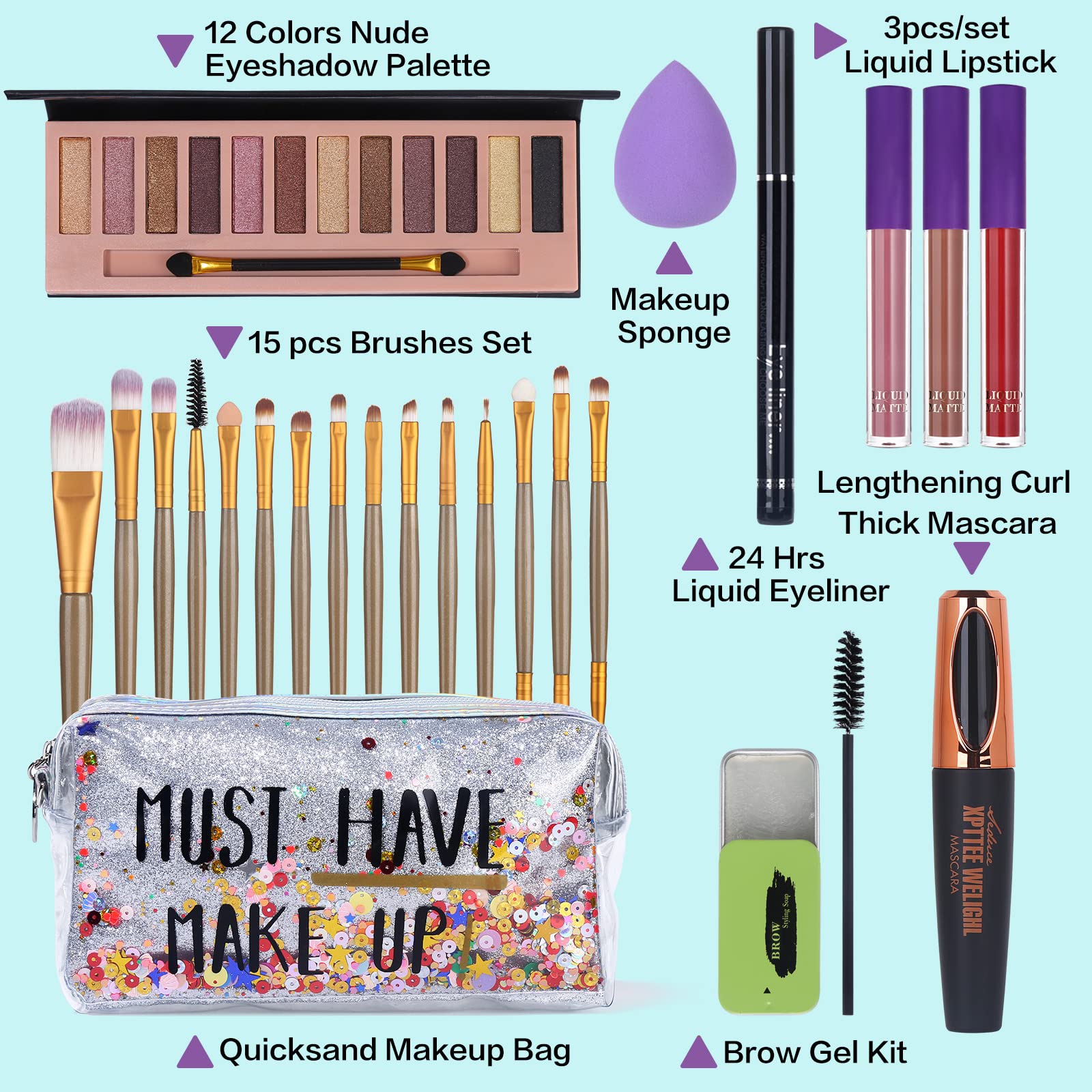 QiBest All-in-One Makeup Set – 12-Color Eyeshadow Palette, Mascara, Eyeliner, Matte Lipstick & Brush Kit