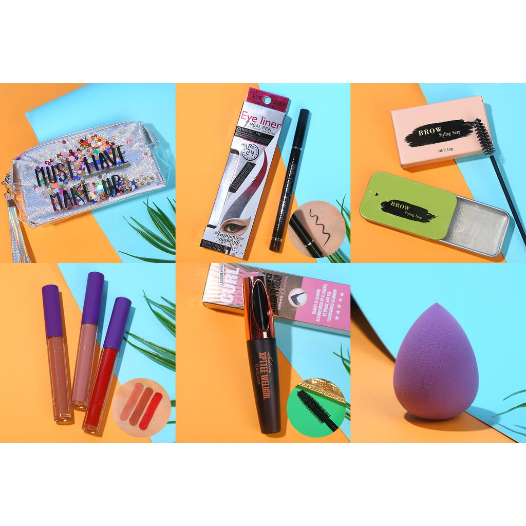 QiBest All-in-One Makeup Set – 12-Color Eyeshadow Palette, Mascara, Eyeliner, Matte Lipstick & Brush Kit