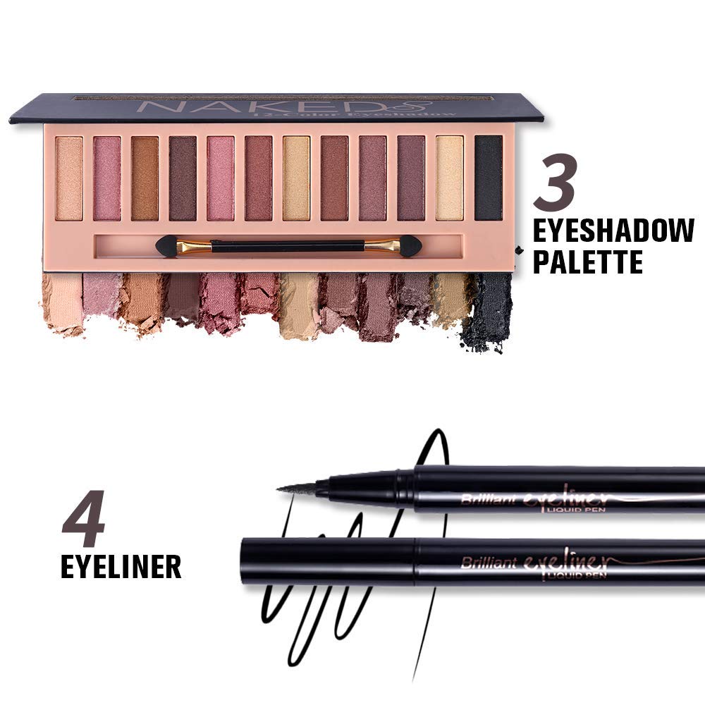 QiBest All-in-One Makeup Kit: 12-Nude Shadow Palette, Waterproof Eyeliner, Brow Powder & 5 Brushes