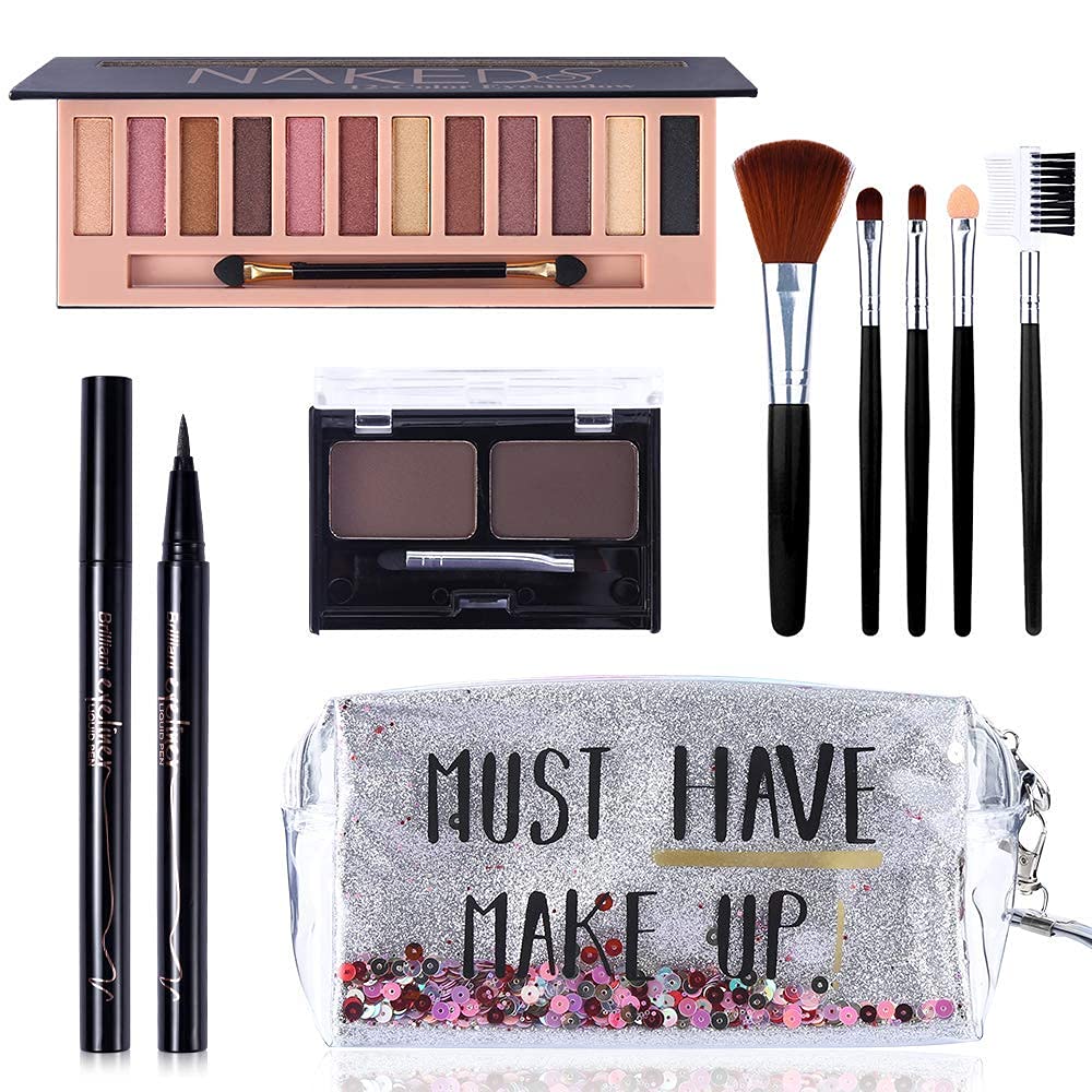 QiBest All-in-One Makeup Kit: 12-Nude Shadow Palette, Waterproof Eyeliner, Brow Powder & 5 Brushes
