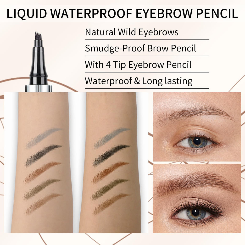 QIC Eyebrow 4 Tip Brow Pencil – Waterproof Microblading-Style Pencil for Natural Brows (Dark Brown-02)