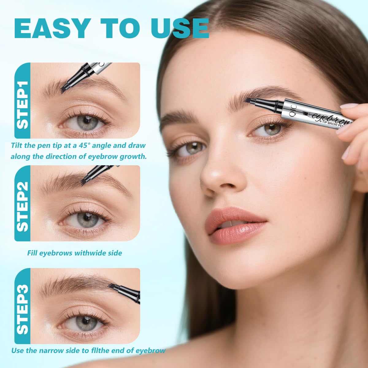 QIC Eyebrow Pencil with 4-Tip Microblade – Waterproof, Smudge-Proof, Dark Brown 2#