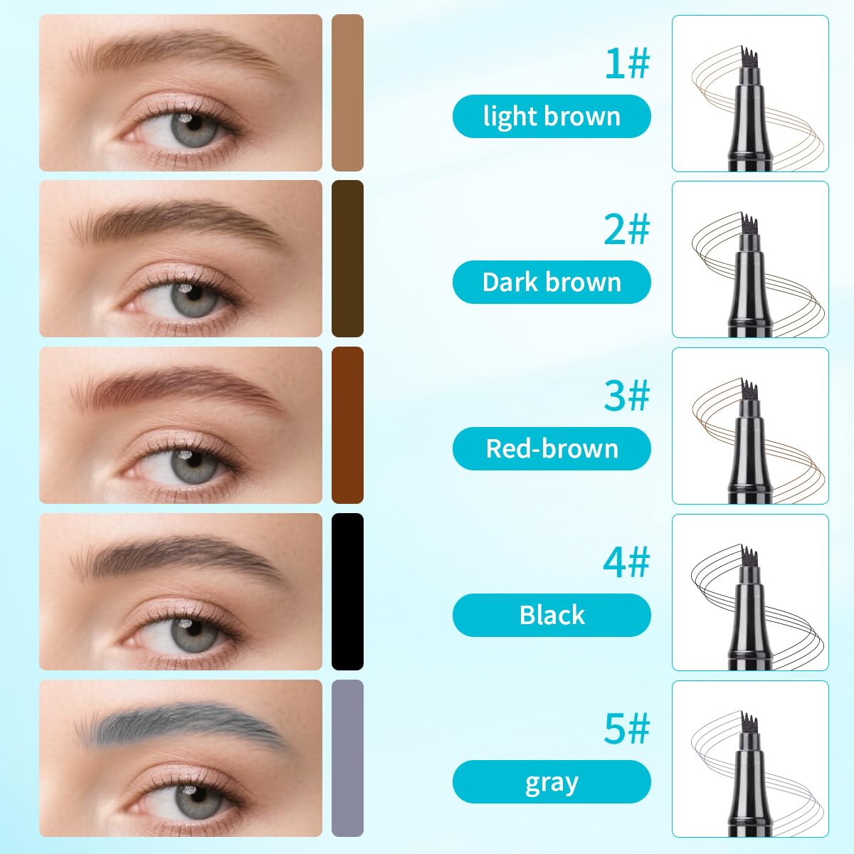 QIC Eyebrow Pencil with 4-Tip Microblade – Waterproof, Smudge-Proof, Dark Brown 2#