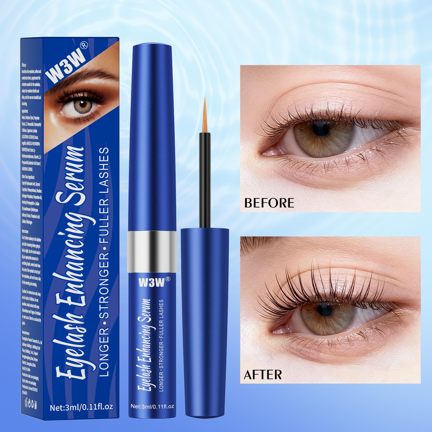 QIC W3W Eyelash Growth Serum — Advanced Formula for Longer, Fuller Lashes (3 ml, Blue)