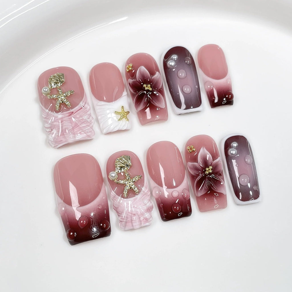 Qicaijia 10Pcs Square Press-On Nails – Medium, Handmade 3D Flower, Shell & Starfish Design