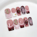 Qicaijia 10Pcs Square Press-On Nails – Medium, Handmade 3D Flower, Shell & Starfish Design