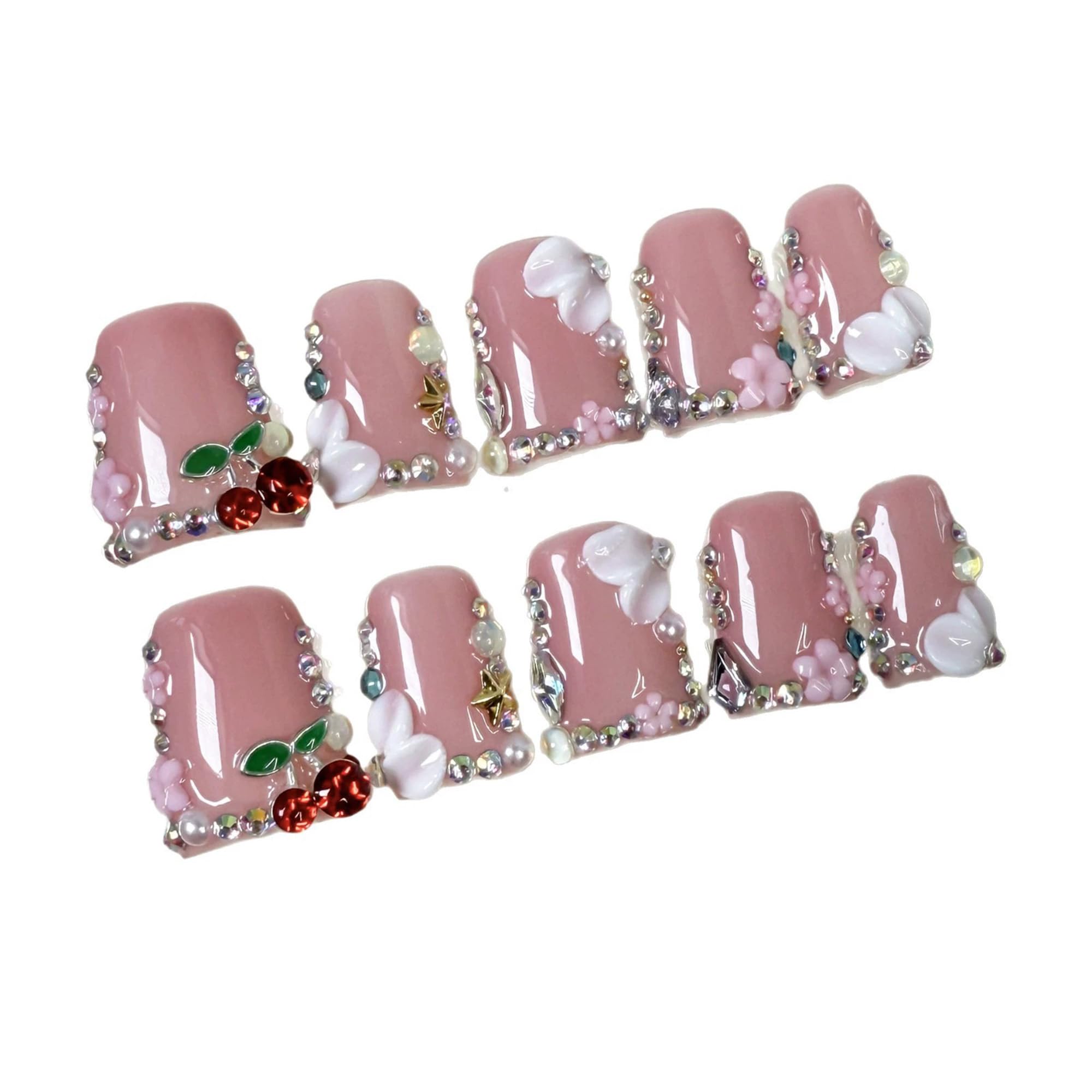 Qicaijia Pink Handmade Duck Nail Set – 10Pcs Press-On Nails with Glue and Sparkling Tips
