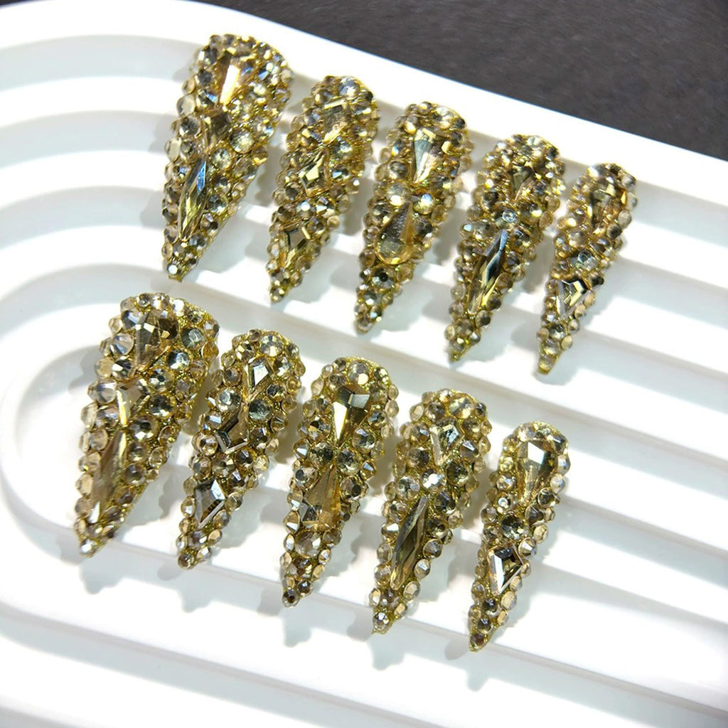 Qicaijia Almond Press-On Nails – Long Gold Rhinestones, 10Pcs (Size M) Luxury Full Cover