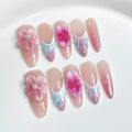 Qicaijia 3D Floral Handmade Press On Nails – Long Almond, Pink French Tip with Pearl Flower (Size M)