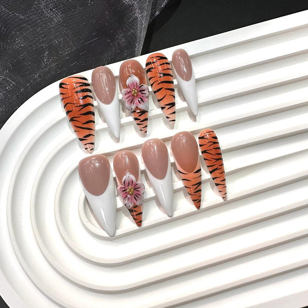 Qicaijia White French Tip Nails – Long Almond Press-On Nails with Leopard 3D Flower (10 Pcs, Size M)
