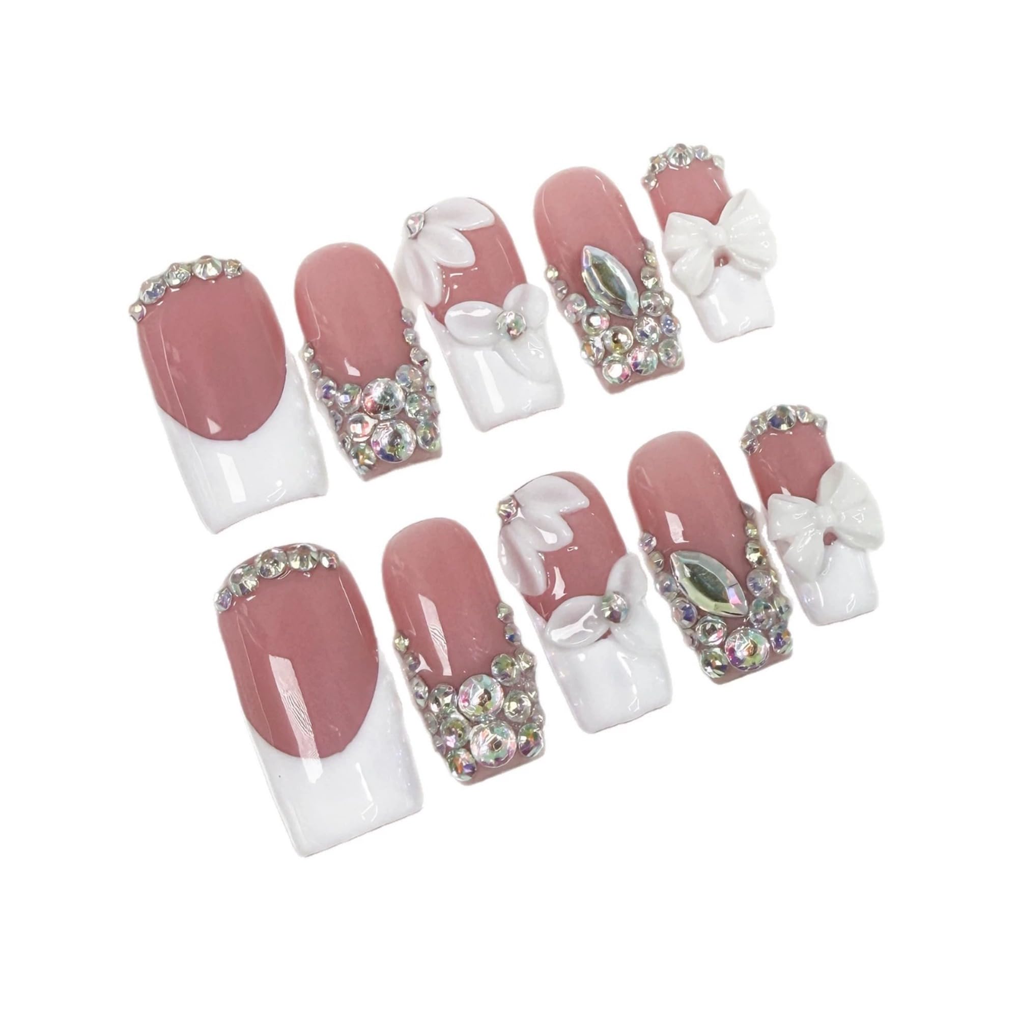 Qicaijia Luxury Rhinestone Nails – Medium Square Press-On, 3D Flower Art, White French (10Pcs, Size M)