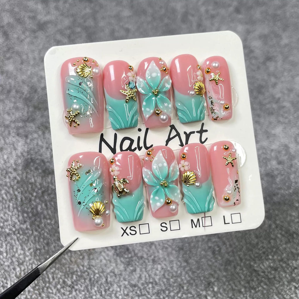 Qicaijia Luxury Handmade Press-On Nails – Blue French Ombre with 3D Flower Art, Size M, 10 Pcs
