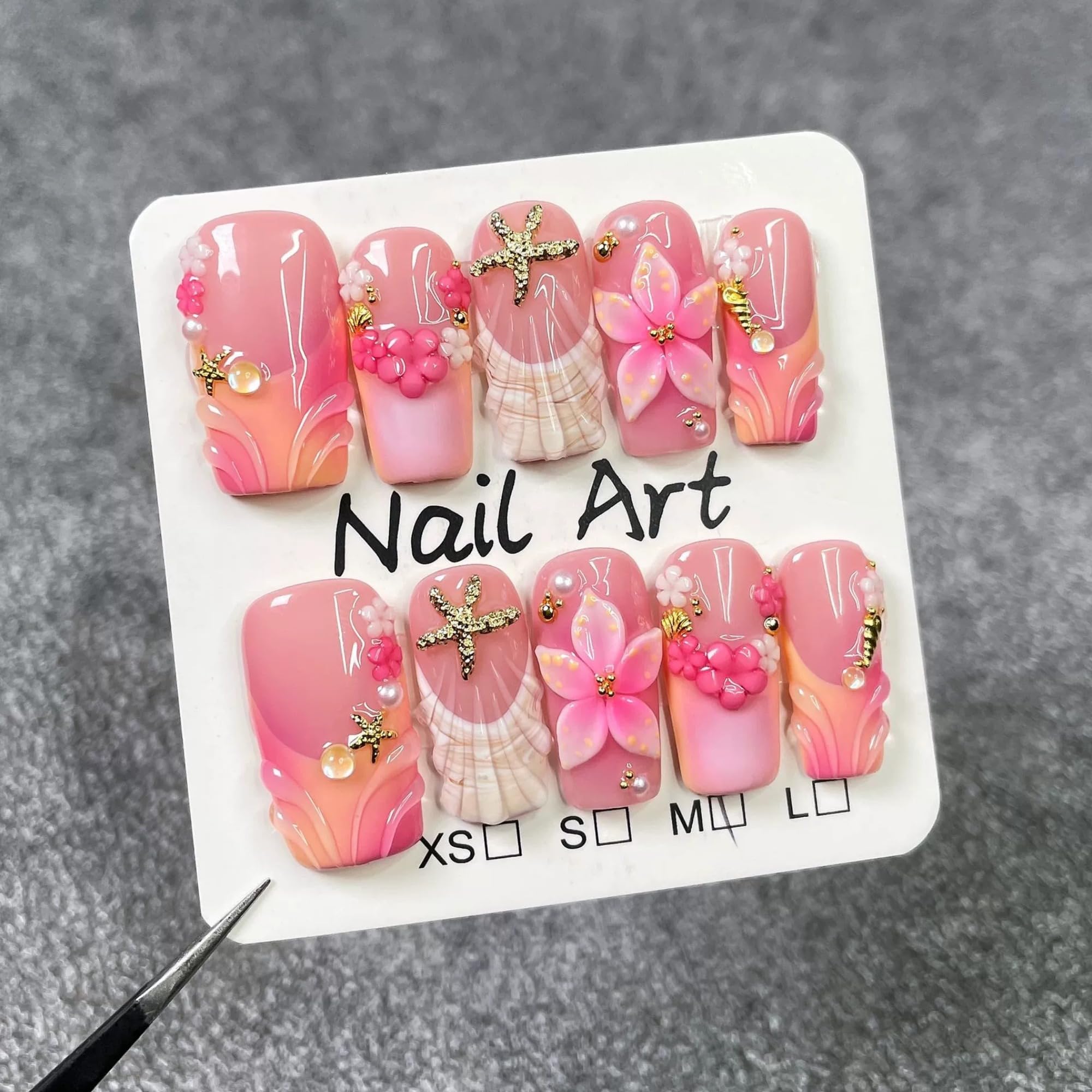 Qicaijia Medium Square Press-On Nails – 3D Flower, Shell Starfish Design, Full Cover