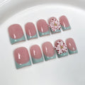Qicaijia 3D Flower Press On Nails – Short Square Gel Nails with Green French Tip (Size M)