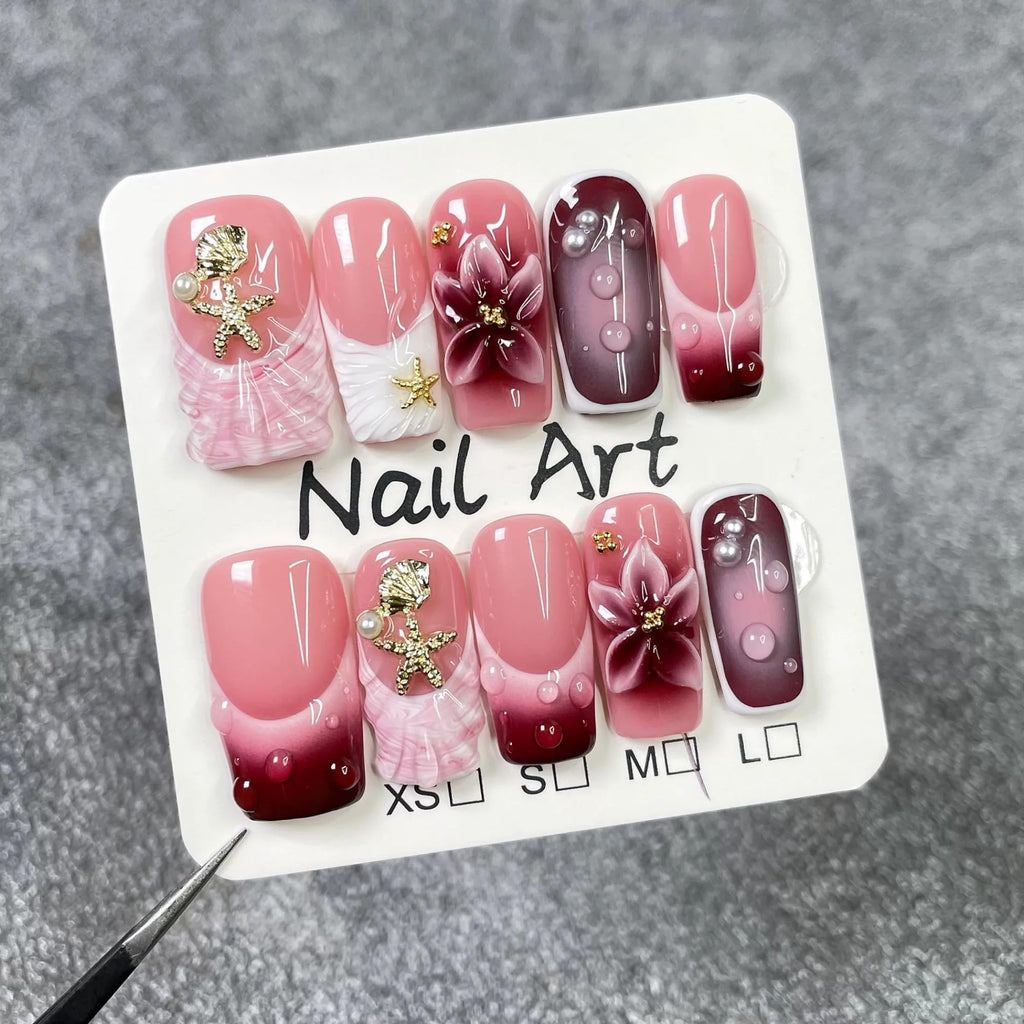 Qicaijia 10Pcs Square Press-On Nails – Medium, Handmade 3D Flower, Shell & Starfish Design