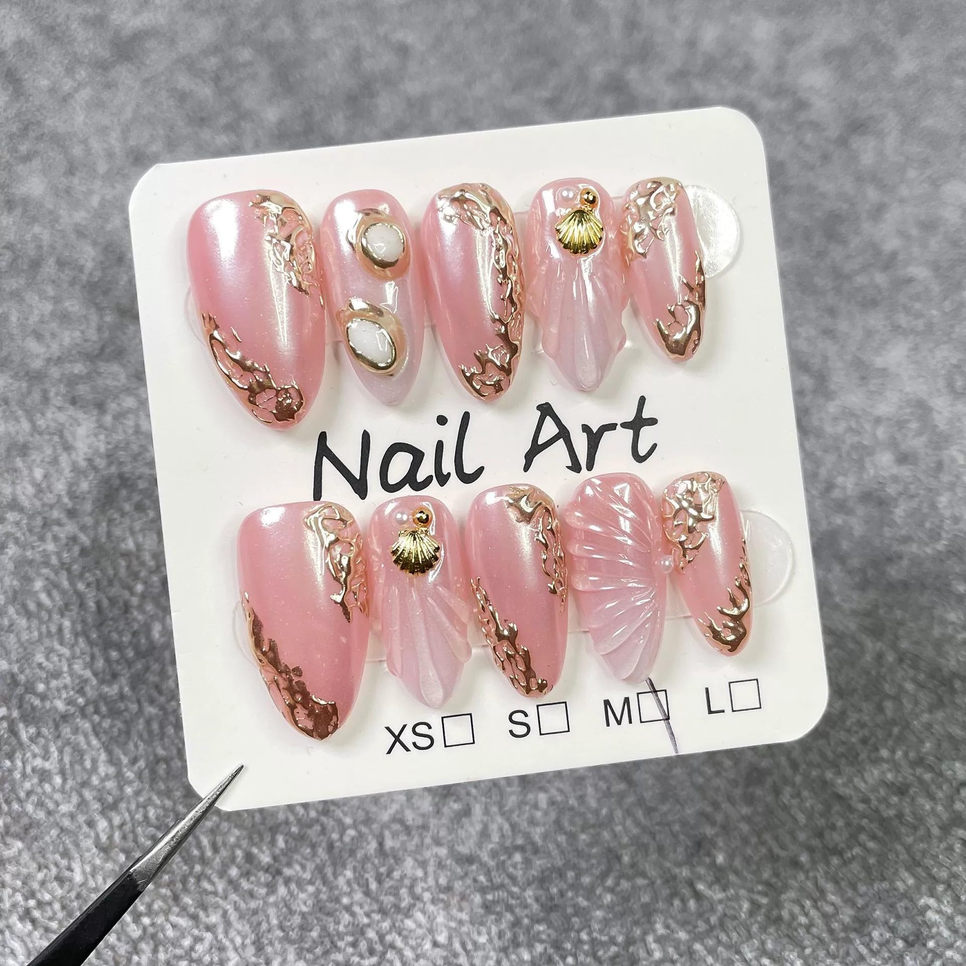 Qicaijia Handmade Short Pink Almond Press-On Nails – 10Pcs Size M, Reusable with 3D Ocean Shell Embossed Design