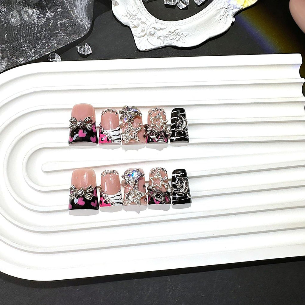 Qicaijia Handmade Short Duck Press-On Nails - Black French Tip, 10 Pcs (Size M)