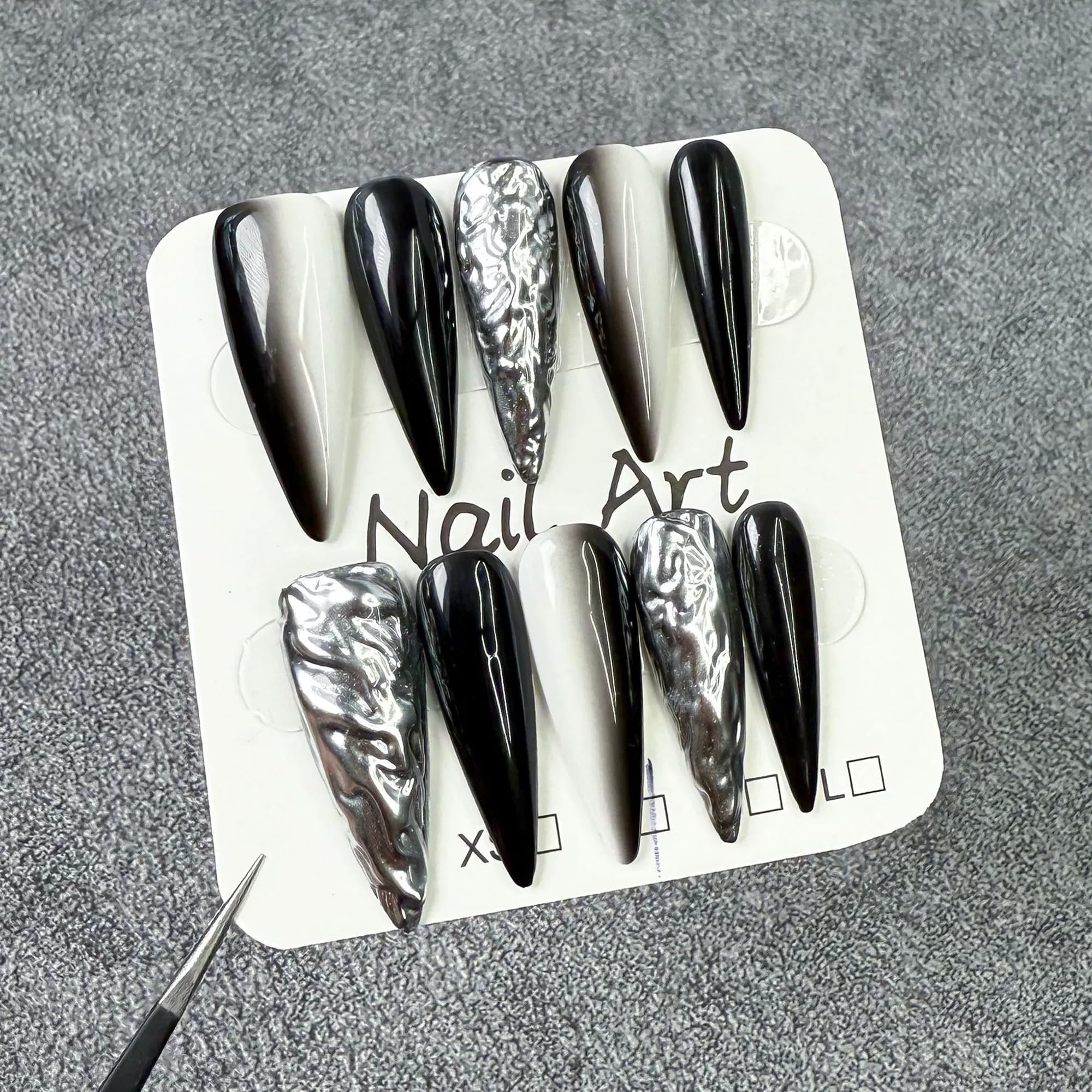 Qicaijia 10Pcs Handmade Long Stiletto Press-On Nails – Black White Ombre, 3D Swirl, Chrome Finish
