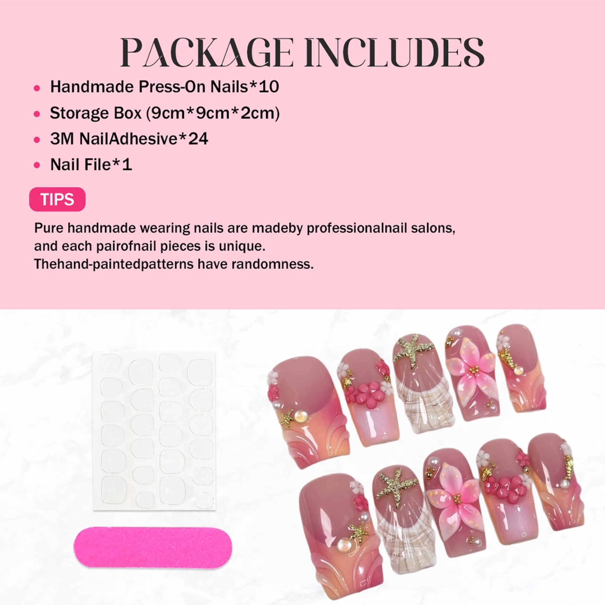 Qicaijia Medium Square Press-On Nails – 3D Flower, Shell Starfish Design, Full Cover