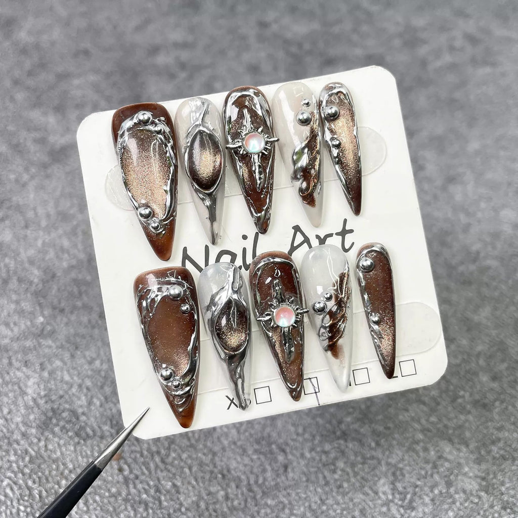 Qicaijia Handmade Long Press-On Nails — Brown Cat's Eye Full-Cover Glossy Almond Nails (10 Pcs, Size M)