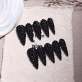 Qicaijia Almond Press On Nails – Long Black Rhinestones, Luxury Full Cover 3D Nail Art (10 Pcs, Size M)