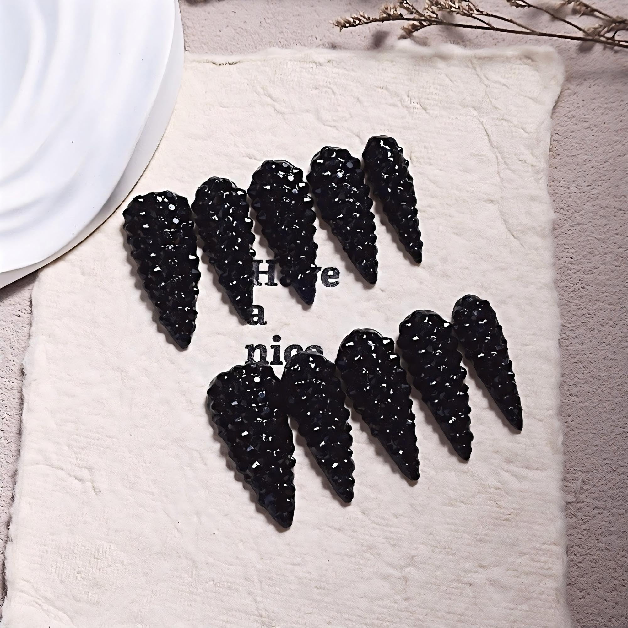 Qicaijia Almond Press On Nails – Long Black Rhinestones, Luxury Full Cover 3D Nail Art (10 Pcs, Size M)