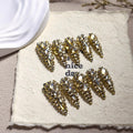 Qicaijia Almond Press-On Nails – Long Gold Rhinestones, 10Pcs (Size M) Luxury Full Cover