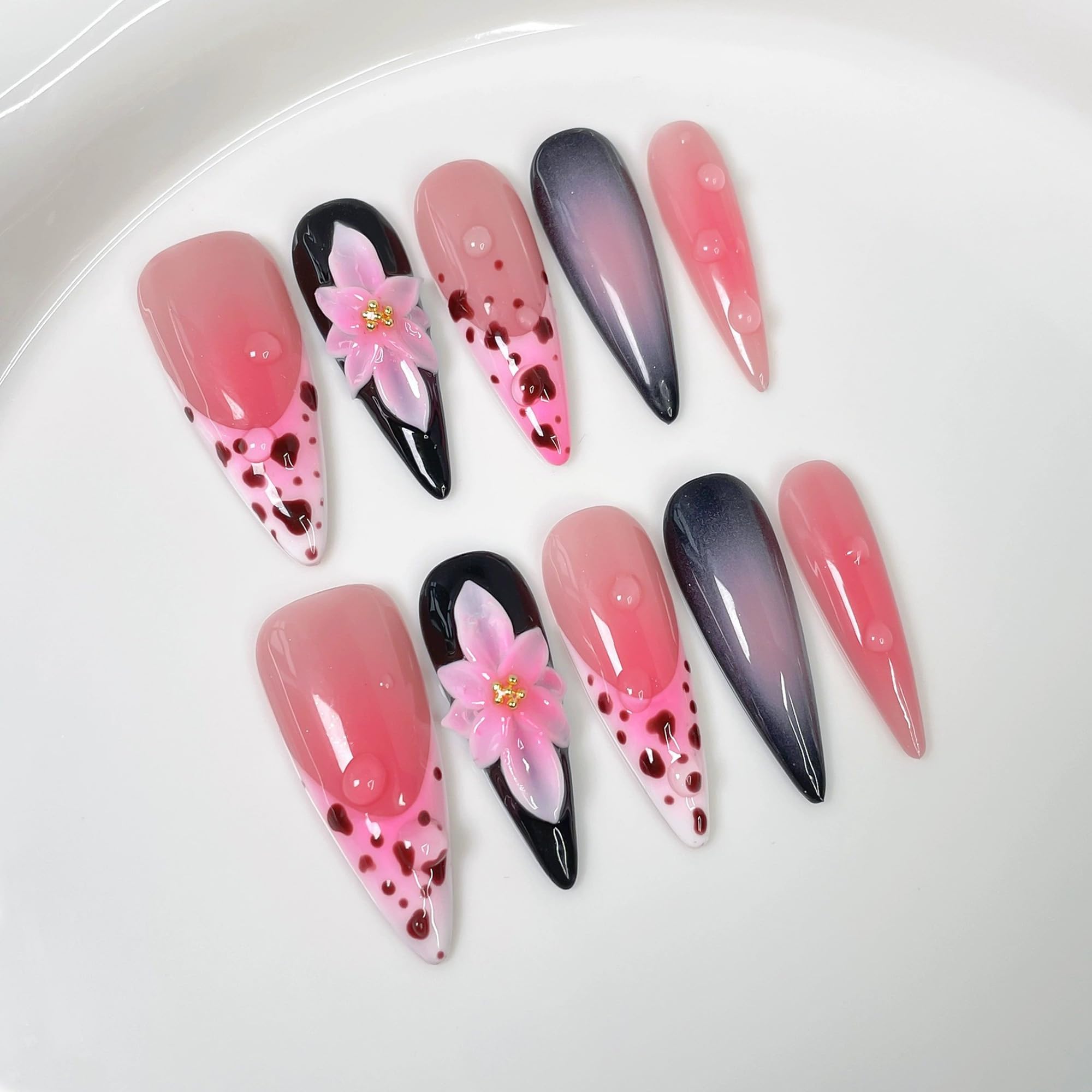 Qicaijia Handmade Almond Press On Nails – Pink Ombre French Tip with 3D Flowers (10Pcs, Size M)