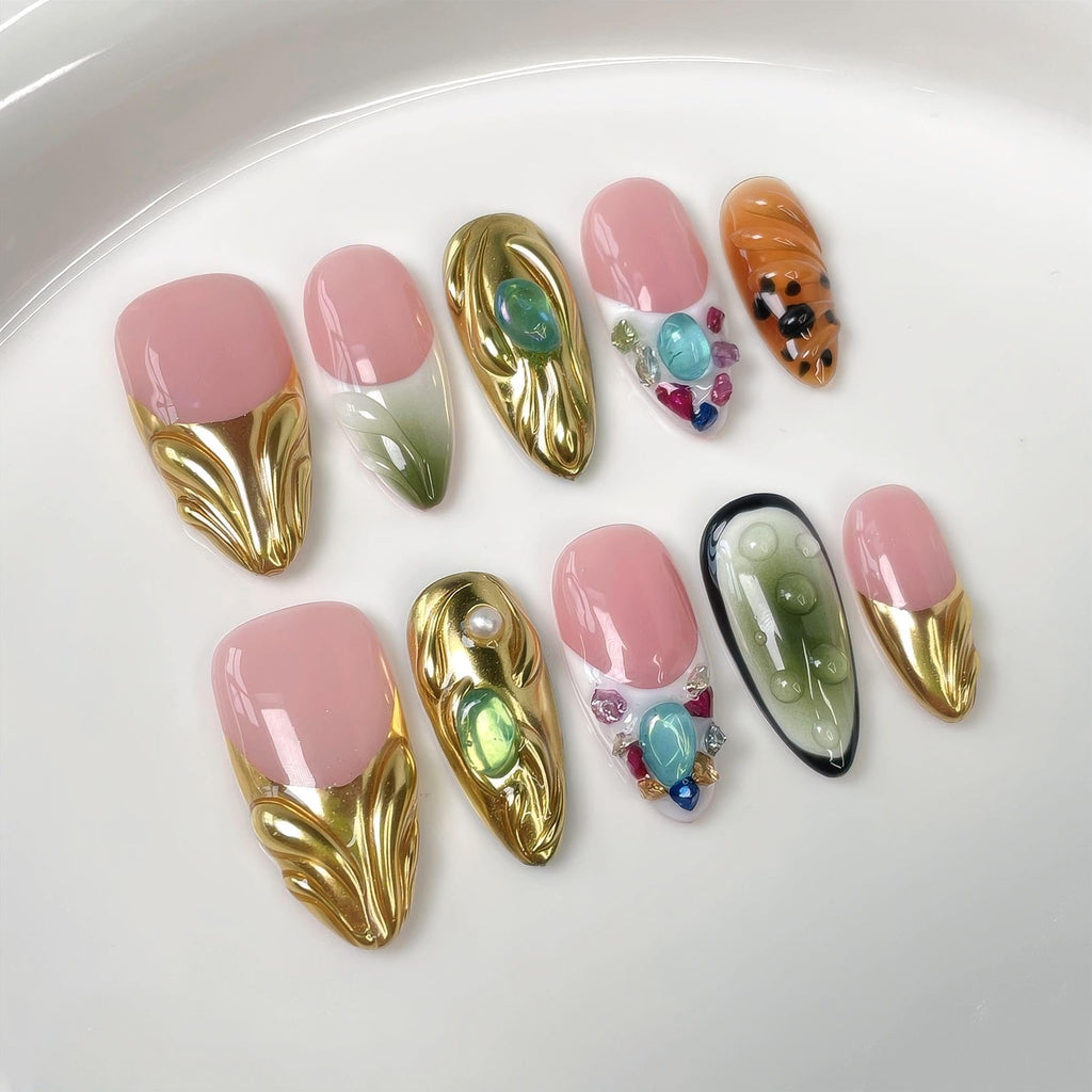 Qicaijia Almond Press-On Nails – Short, 3D Rhinestones, Gold Sparkle, Size M