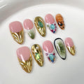 Qicaijia Almond Press-On Nails – Short, 3D Rhinestones, Gold Sparkle, Size M