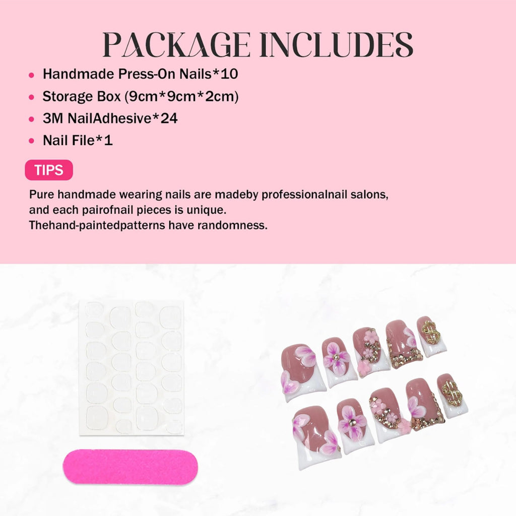 Qicaijia 10Pcs Duck Design Press-On Nails – White French Tips, 3D Flower Art, Reusable (Size M)