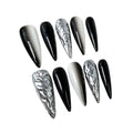 Qicaijia 10Pcs Handmade Long Stiletto Press-On Nails – Black White Ombre, 3D Swirl, Chrome Finish