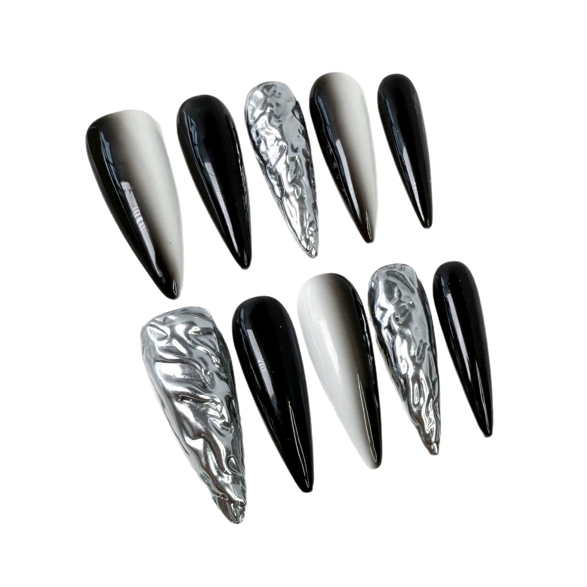 Qicaijia 10Pcs Handmade Long Stiletto Press-On Nails – Black White Ombre, 3D Swirl, Chrome Finish