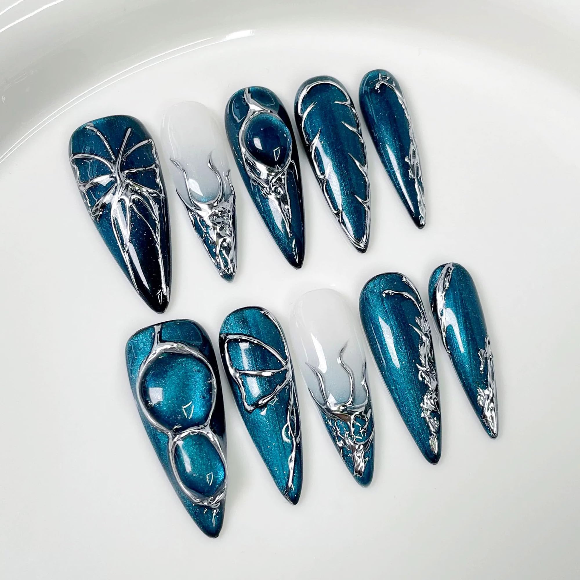 Qicaijia Handmade Long Press On Nails – Blue Cat's Eye Almond Full Cover (10Pcs, Size M)