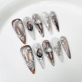 Qicaijia Handmade Long Press-On Nails — Brown Cat's Eye Full-Cover Glossy Almond Nails (10 Pcs, Size M)