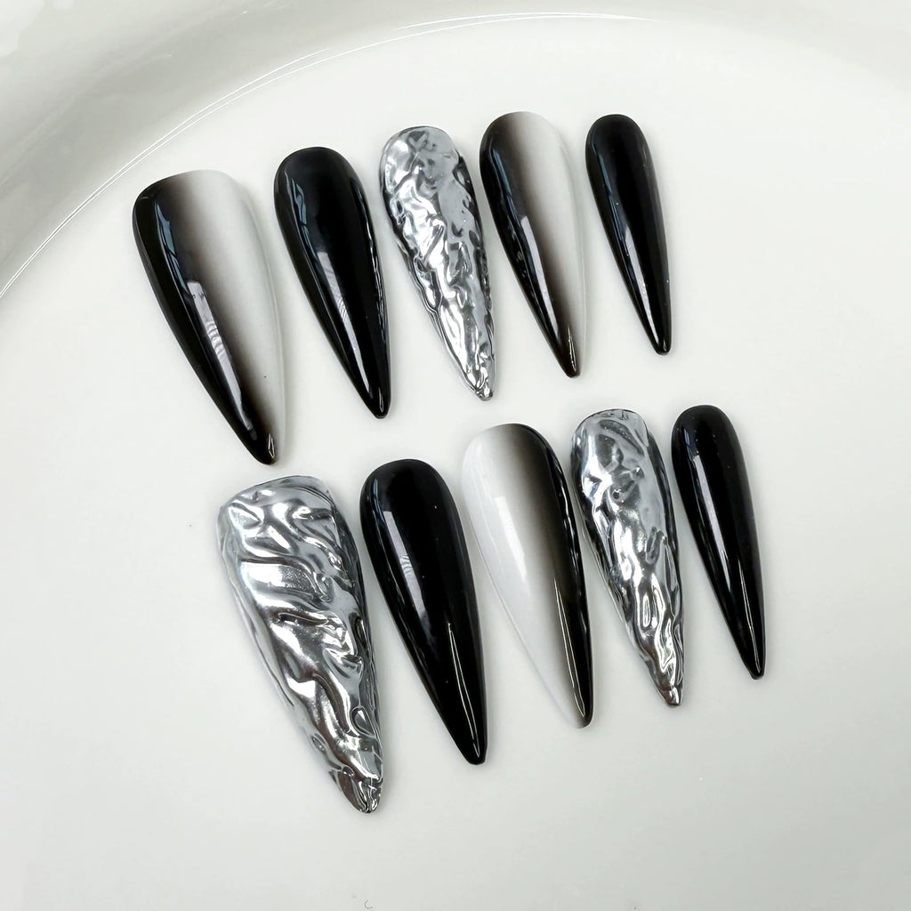 Qicaijia 10Pcs Handmade Long Stiletto Press-On Nails – Black White Ombre, 3D Swirl, Chrome Finish