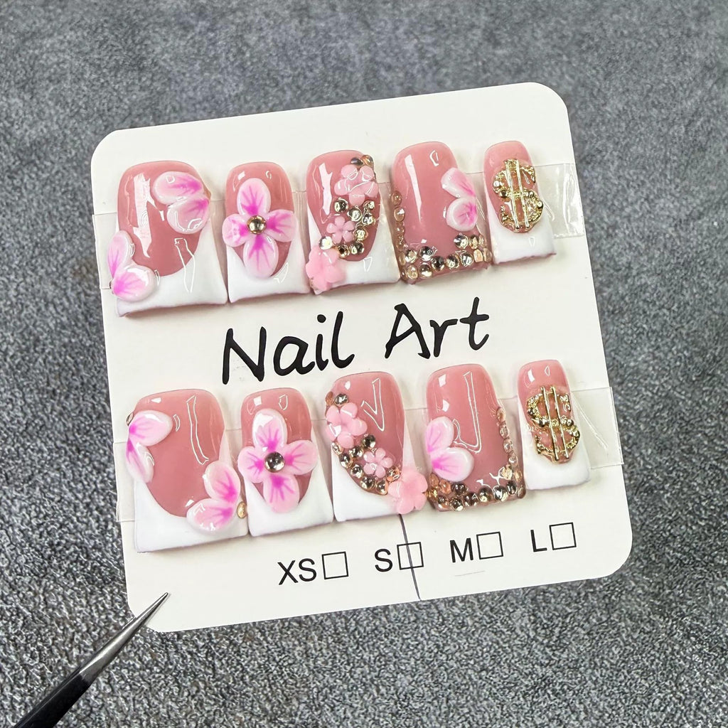 Qicaijia 10Pcs Duck Design Press-On Nails – White French Tips, 3D Flower Art, Reusable (Size M)