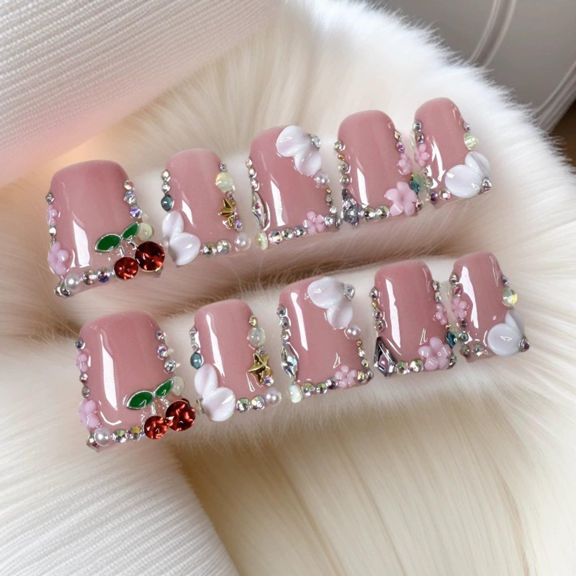 Qicaijia Pink Handmade Duck Nail Set – 10Pcs Press-On Nails with Glue and Sparkling Tips