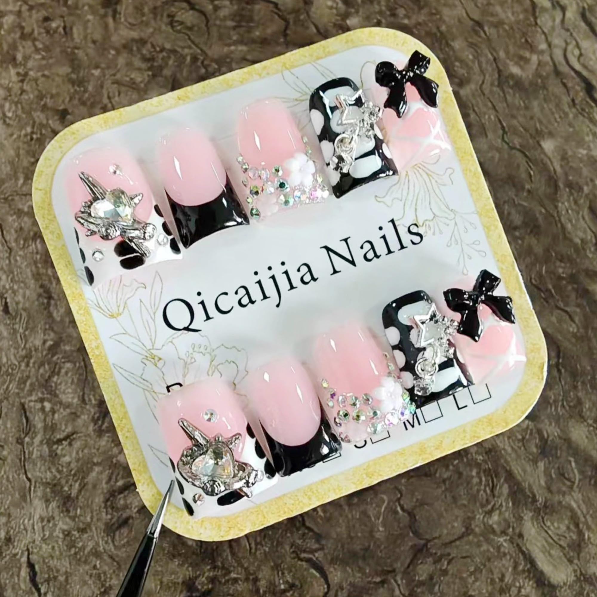 Qicaijia Handmade Duck Press On Nails – Black French Tip with 3D Bow Rhinestones (Medium, 10Pcs)