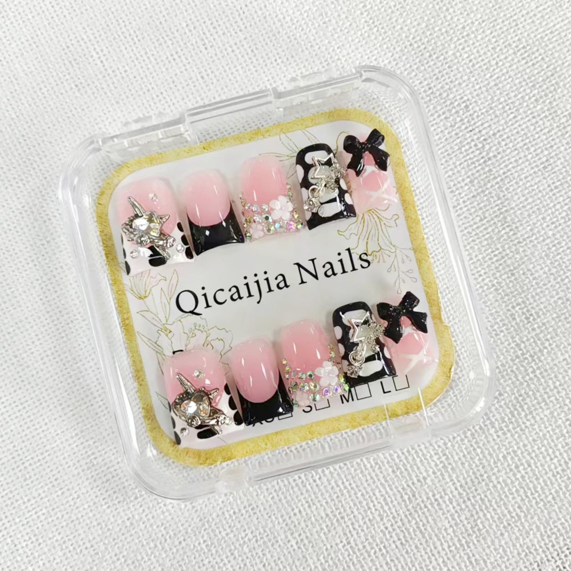 Qicaijia Handmade Duck Press On Nails – Black French Tip with 3D Bow Rhinestones (Medium, 10Pcs)