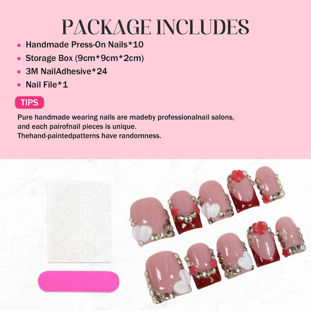 Qicaijia Short Press On Nails Square – 3D Rhinestone Luxury Full Cover Nails (10Pcs, Size M)